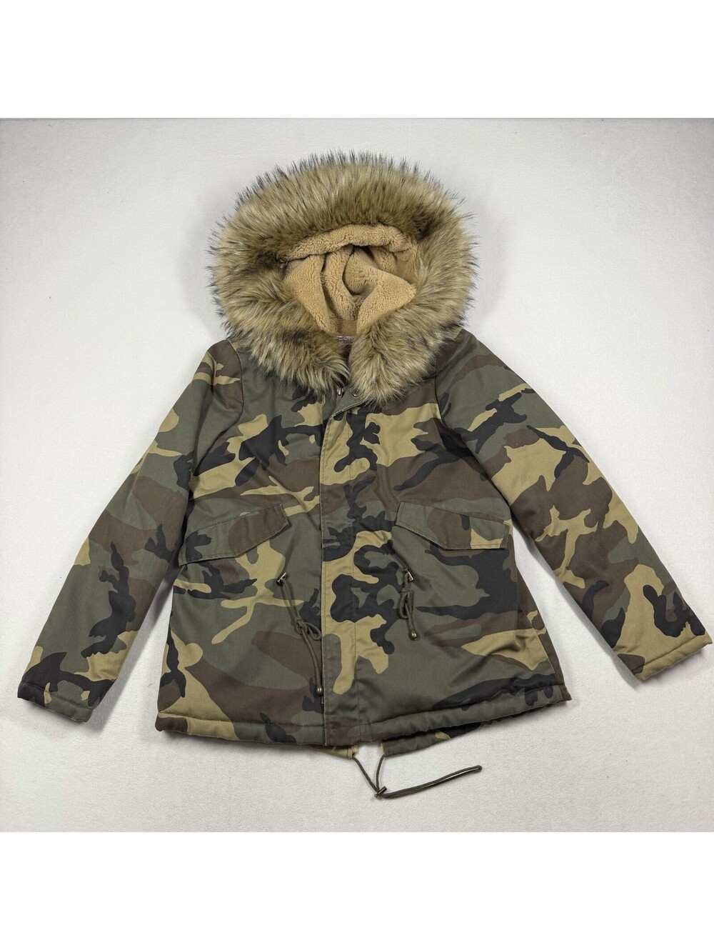 K-Zell Women’s Camouflage Quilted Hooded Jacket Faux Fur Size Small EUC